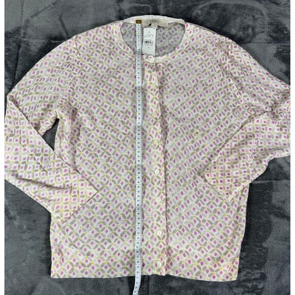LOFT Ann Taylor Cardigan Sweater Medium M NWT Diamond Print Ramie Rayon White. - Picture 10 of 12